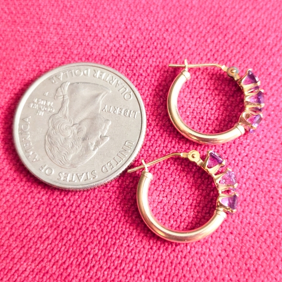 Elegant 10k Gold and Purple Hoop Earrings - Picture 2 of 5